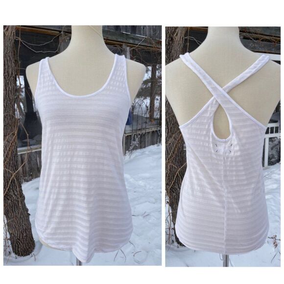 Lou & Grey Semi Sheer Striped Crossback Tank Top White - Picture 1 of 8